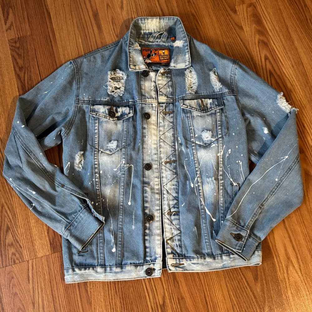 Rolling Paper Distressed Blue Paint Distressed‎ Denim Jacket Size M Vintage Y2k